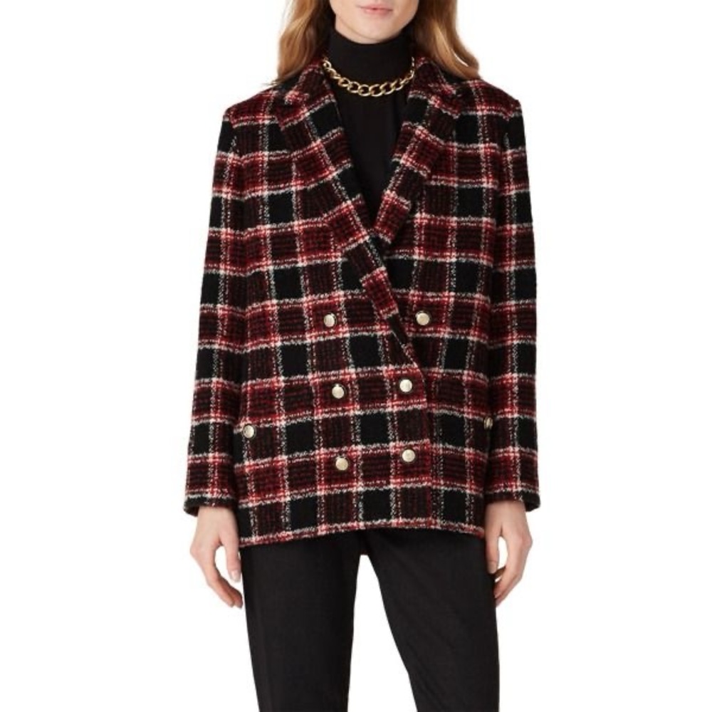 Maje Black and Red Plaid Double-Breasted Blazer